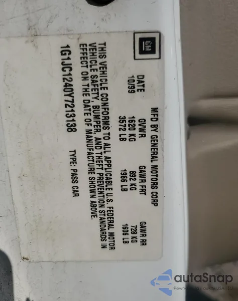 2000 Chevrolet Cavalier from USA, damaged, VIN 1G1JC1240Y7213138